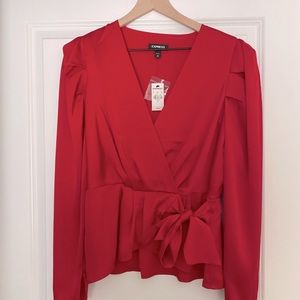 Satin Pleaded Sleeve Wrap Front Bow Top